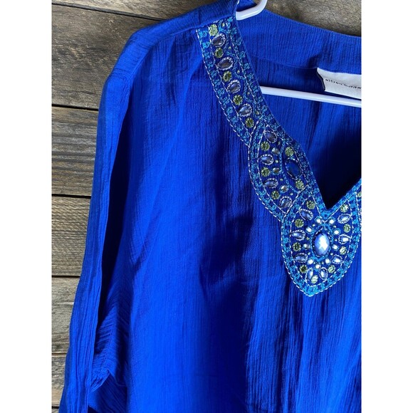 Alfred Dunner Women's Plus Sz 18 Blue Cotton Embroidered Embellished V-Neck Top - Picture 2 of 12
